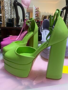 Platform Ankle-Strap Heels in Neon Green